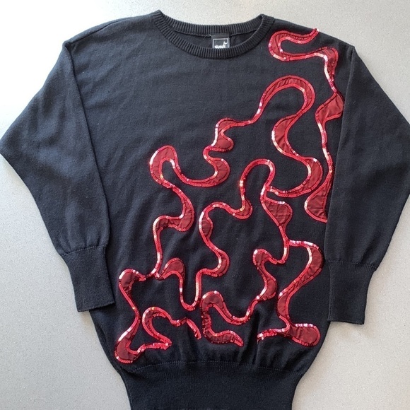 Vintage Mondi Red Sequined Black Wool Blend Art To Wear Batwing Sweater US8 EU38 - Picture 2 of 9